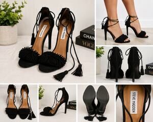 Steve Madden Gassey Black Suede Tassel Lace Up Heels Women’s Size 7.5M